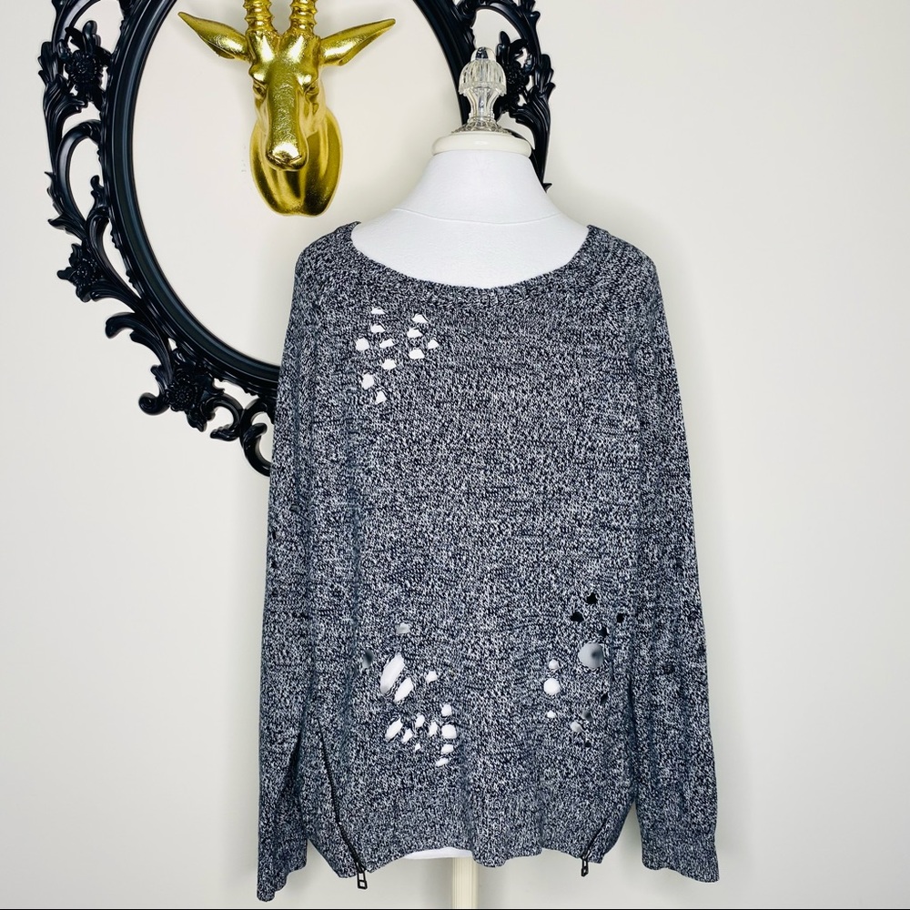 Express Black and White Salt and Pepper Distressed Sweater with Zipper Detail